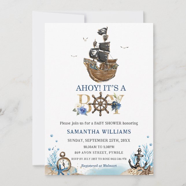 Nautical Pirate Ship Ahoy It's a Boy Baby Shower Invitation (Front)