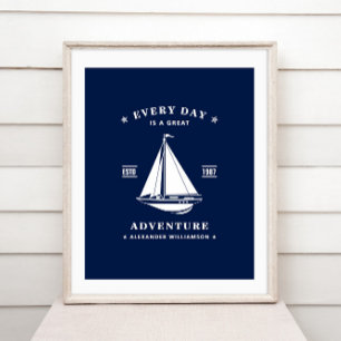 Nautical Poster Sailboat Blue and White