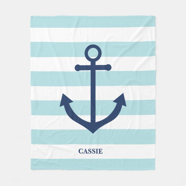 Nautical powder blue striped blanket with anchor (Front)