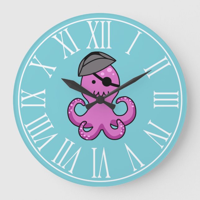 Nautical Purple Pirate Octopus Large Clock (Front)