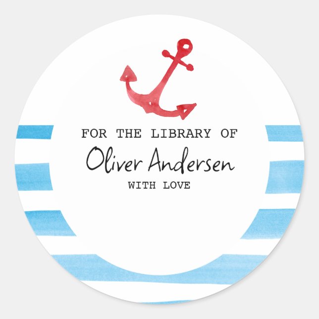Nautical Red Anchor Baby Shower Bookplate Sticker (Front)