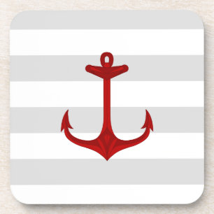 Nautical Red Anchor Grey White Stripes Coaster
