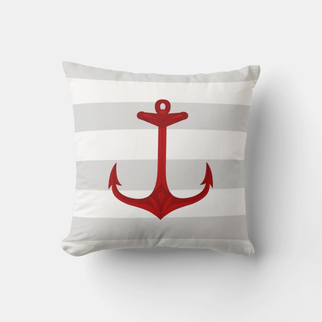 Nautical Red Anchor Grey White Stripes Cushion (Front)