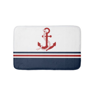 Nautical Red Anchor Red White Blau Stripes Bath Mat