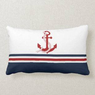 Nautical Red Anchor Red White Blau Stripes Lumbar Cushion