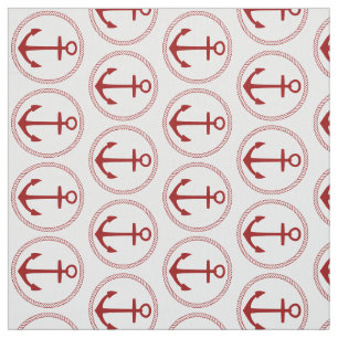 Nautical Red Anchors and Rope on White Fabric