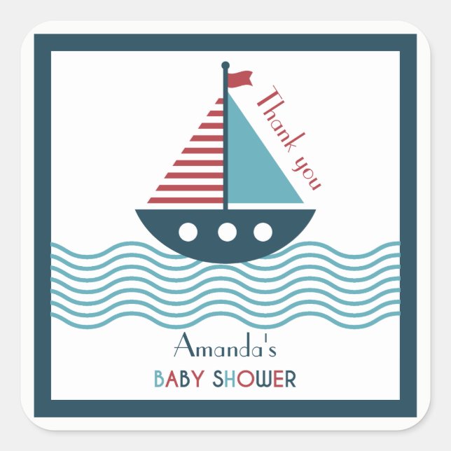 Nautical red and blue boat BABY SHOWER BIRTHDAY Square Sticker (Front)