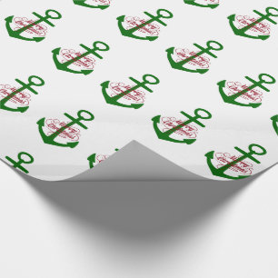 Nautical Red and Green Merry Christmas Anchors Wrapping Paper