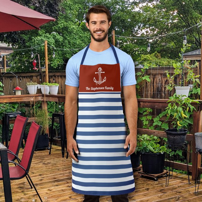 Nautical Red and Navy Striped Personalised Apron (Creator Uploaded)