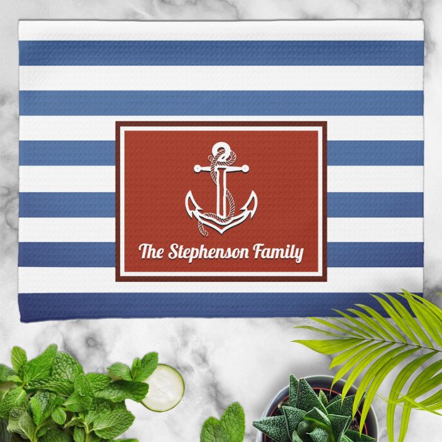 Nautical Red and Navy Striped Personalised Tea Towel (Creator Uploaded)