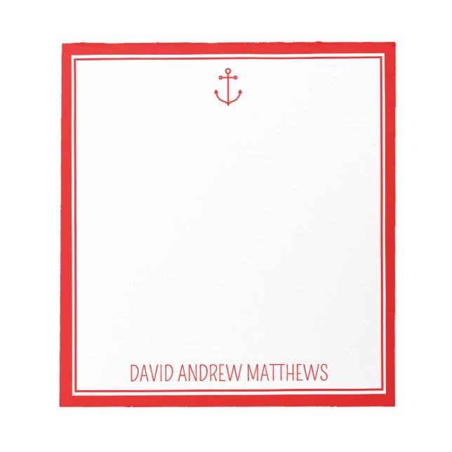 Nautical Red and White Anchor Personalised Notepad (Front)
