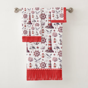 Nautical Red and White with Faux Fringe Bath Towel Set