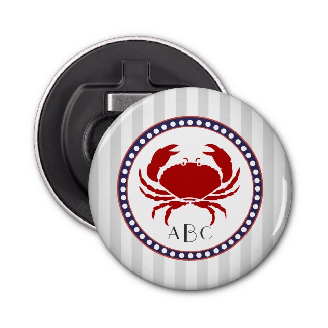 Nautical red crab and grey stripes monogram bottle opener (Front)