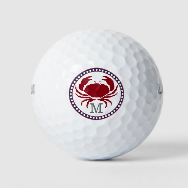 Nautical red crab and grey stripes monogram golf balls (Front)