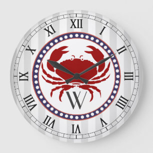 Nautical red crab and grey stripes monogram large clock