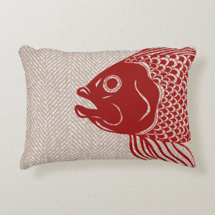 Nautical Red Fish Head & Taupe Herringbone Decorative Cushion