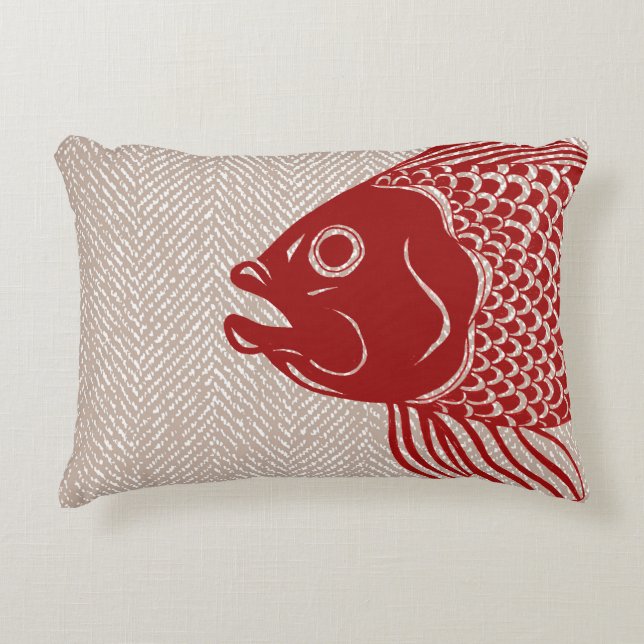 Nautical Red Fish Head & Taupe Herringbone Decorative Cushion (Front)