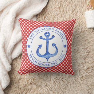 Nautical Red Gingham Pattern - Family Beach House Cushion