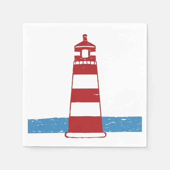 Nautical Red Lighthouse Blue Ocean Wedding / Party Napkin (Front)