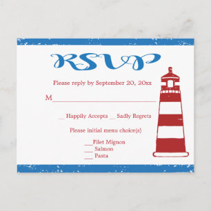 Nautical Red Lighthouse Blue RSVP Wedding / Party Invitation Postcard