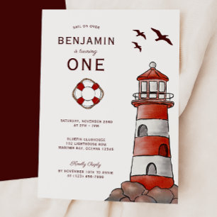 Nautical Red Lighthouse Costal 1st Birthday Invitation