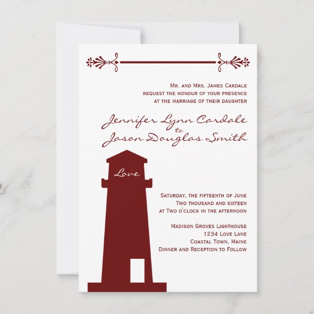 Nautical Red Lighthouse Wedding Venue Invitations (Front)