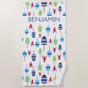 Nautical Red Lobster Buoy Beach House Personalised Beach Towel