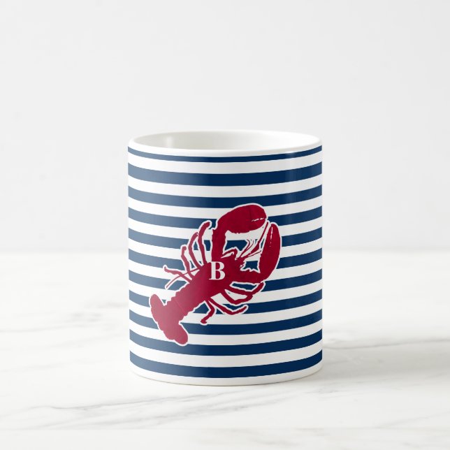 Nautical Red Lobster Monogram Blue White Stripe Coffee Mug (Center)