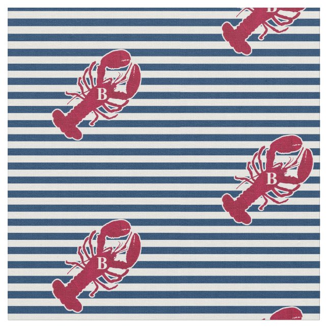 Nautical Red Lobster Monogram Blue White Stripe Fabric (Close Up)