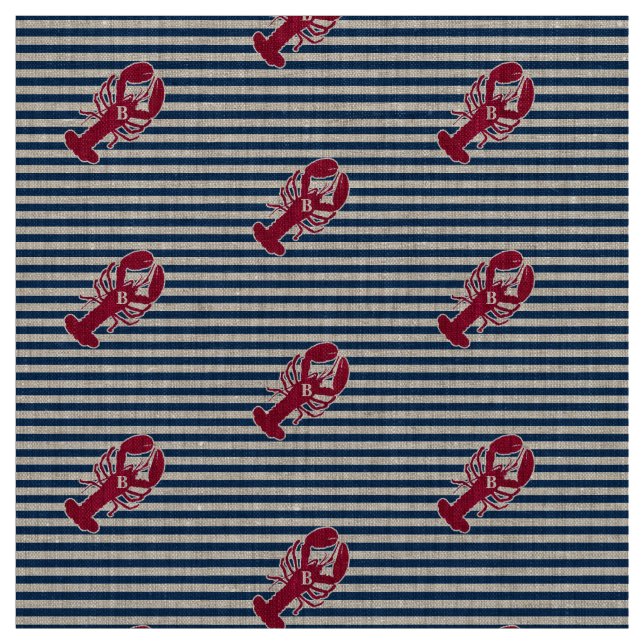 Nautical Red Lobster Monogram Blue White Stripe Fabric (Swatch)