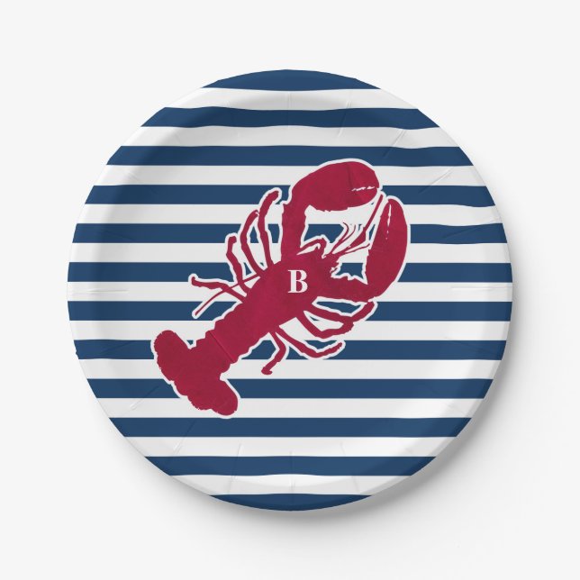 Nautical Red Lobster Monogram Blue White Stripe Paper Plate (Front)