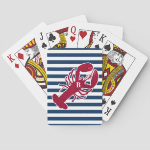 Nautical Red Lobster Monogram Blue White Stripe Playing Cards