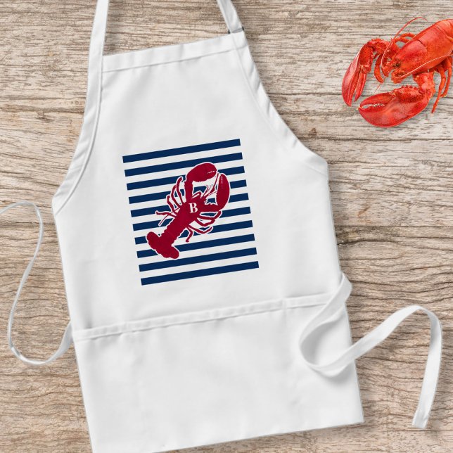 Nautical Red Lobster Monogram Blue White Stripe Standard Apron (Creator Uploaded)
