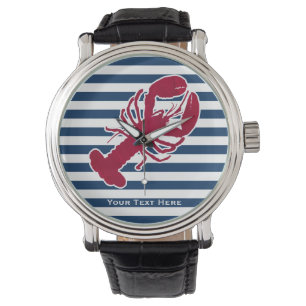 Nautical Red Lobster Monogram Blue White Stripe Watch