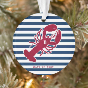 Nautical Red Lobster Monogram Striped Christmas Ornament