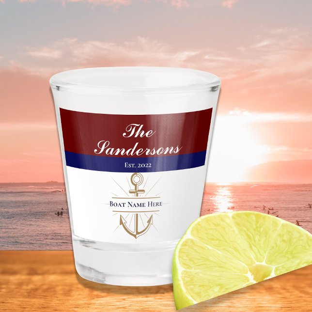 Nautical Red maroon burgundy  Monogram Lake House  Shot Glass (Creator Uploaded)