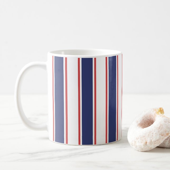 Nautical Red & Navy Blue Stripes Coffee Mug (With Donut)