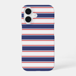 Nautical Red & Navy Blue Stripes iPhone 16 Case