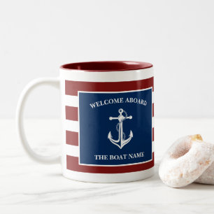 Nautical Red Navy Welcome Aboard Boat Name Anchor Two-Tone Coffee Mug