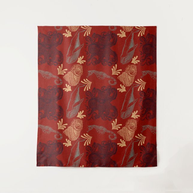 Nautical Red Octopus Sea Monster Illustration Tapestry (Front)