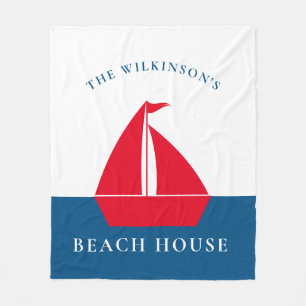 Nautical Red Sailboat Beach House Name Fleece Blanket