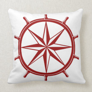 Nautical Red Ship Wheel on White Cushion