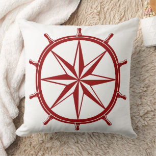Nautical Red Ship Wheel on White Cushion