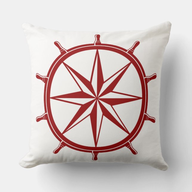 Nautical Red Ship Wheel on White Cushion (Front)