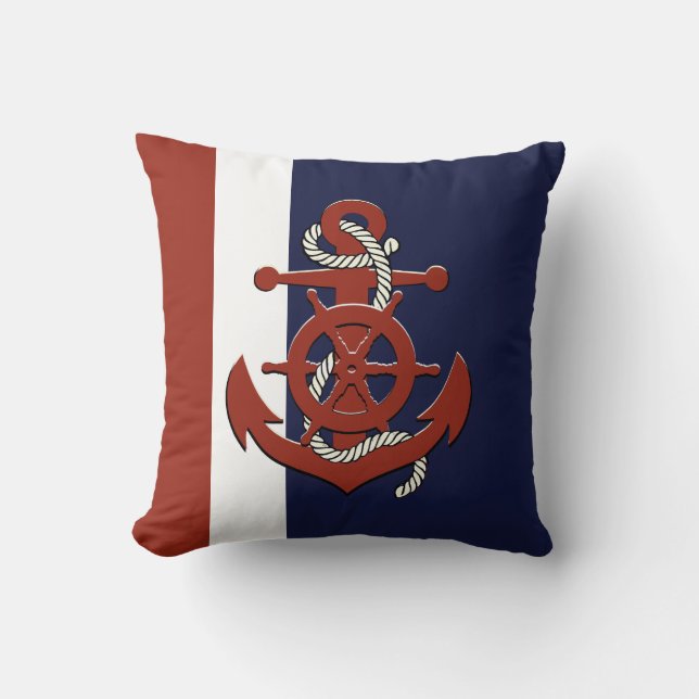Nautical red ship's wheel/anchor navy blue throw p cushion (Front)