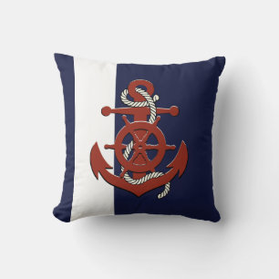 Nautical red ship's wheel/anchor navy blue throw p cushion