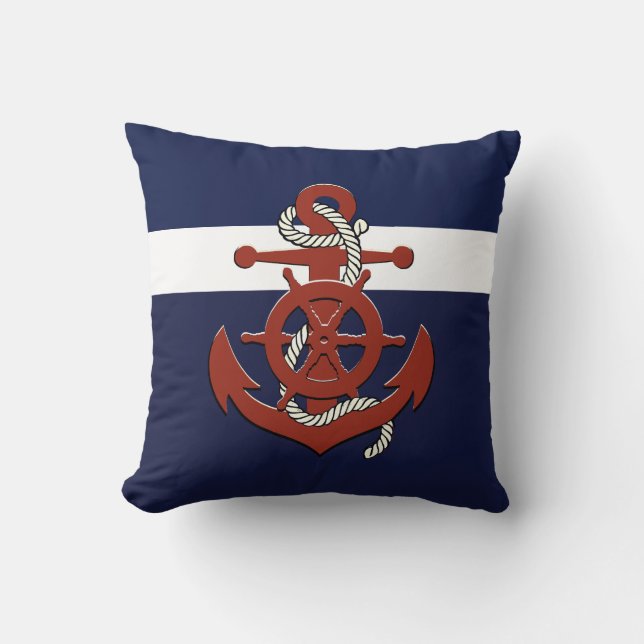 Nautical red ship's wheel/anchor navy blue throw p cushion (Front)