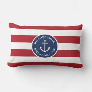Nautical red striped welcome aboard pillow