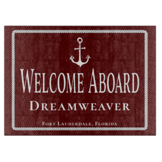 Nautical Red Welcome Aboard Boat Name Cutting Board