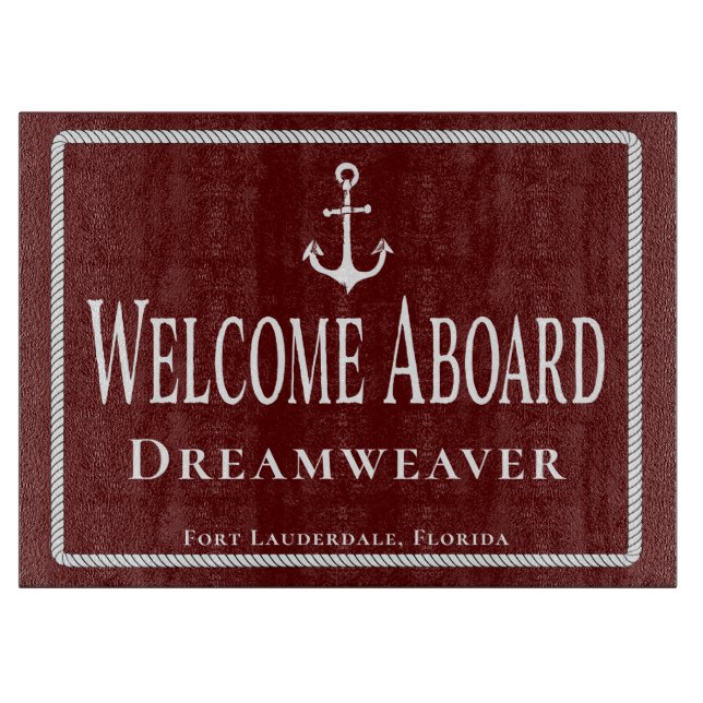 Nautical Red Welcome Aboard Boat Name Cutting Board (Front)
